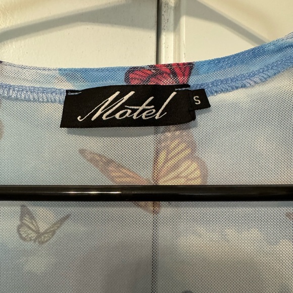 Motel Rocks Blue and White Mesh Butterfly Wrap Midi Dress - Picture 4 of 5